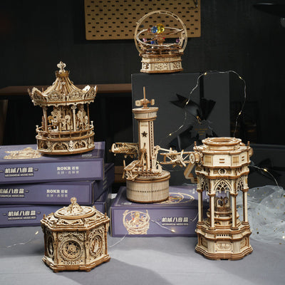 Kit de Construcción 3D La Noche Estrellada - Maqueta de Madera Giratoria con Caja de Música
