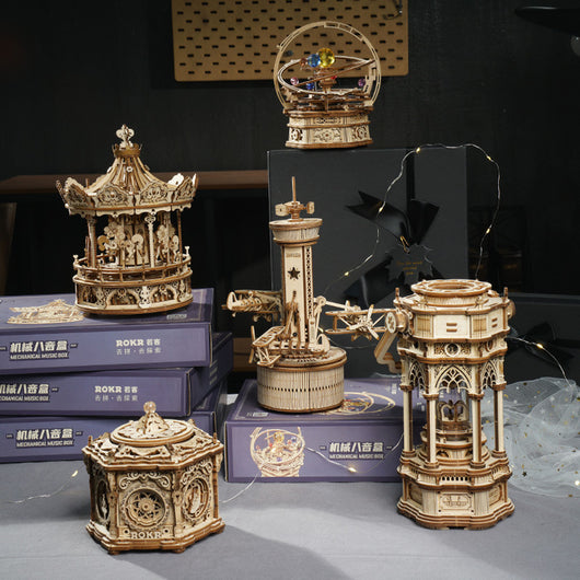 Kit de Construcción 3D La Noche Estrellada - Maqueta de Madera Giratoria con Caja de Música