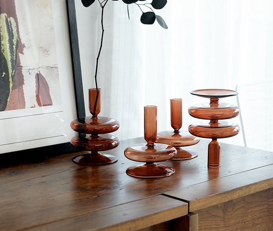 Portavelas Vintage de Vidrio Marrón - Decoración Retro para Hogar y Espacios Nostálgicos