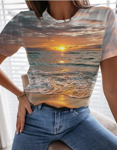Camiseta Cuello Redondo Mujer Estampado Paisaje Marino