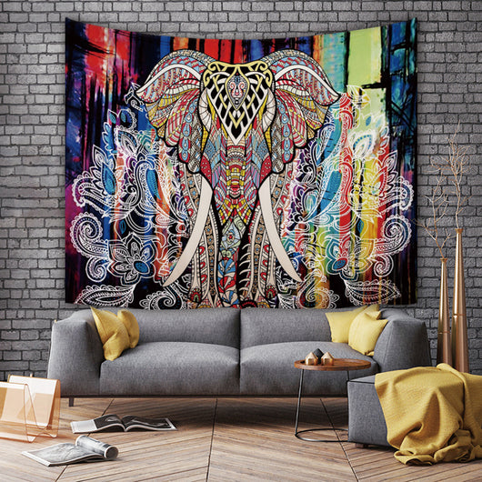 Vibrant multicolor tapestry featuring an ornate, abstract elephant design in a European classical style, made of plush polyester. - Image 4