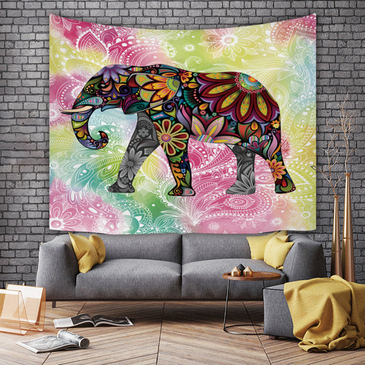Vibrant multicolor tapestry featuring an ornate, abstract elephant design in a European classical style, made of plush polyester. - Image 7