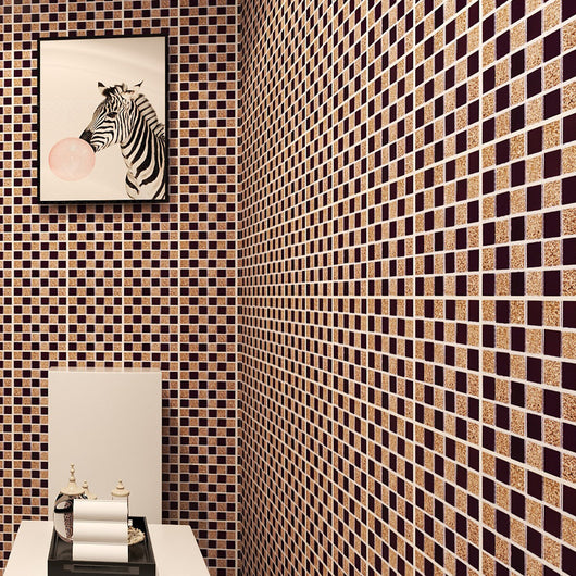Dark purple and gold checkerboard PVC imitation tile stickers, waterproof and self-adhesive for walls or floors. - Image 9