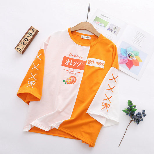 Camiseta Suelta Japonesa Bordada Naranja - Manga Corta - Image 8