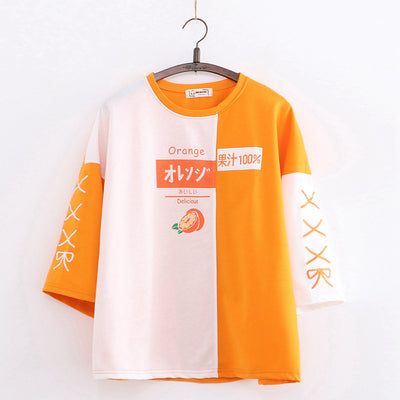 Camiseta Suelta Japonesa Bordada Naranja - Manga Corta