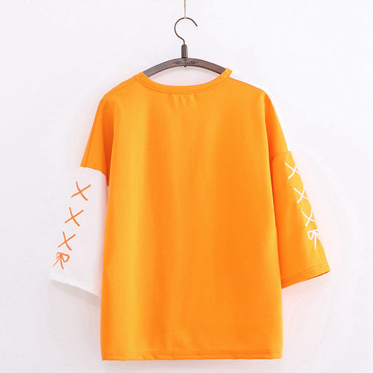 Camiseta Suelta Japonesa Bordada Naranja - Manga Corta - Image 2