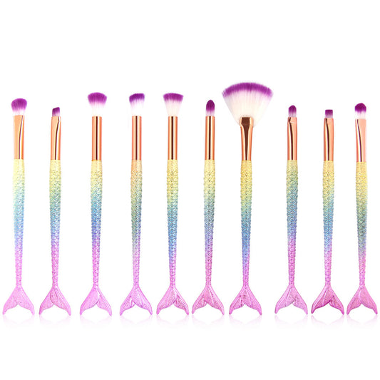 Set de 10 Brochas de Maquillaje Sirena con Escamas Iridiscentes para Ojos