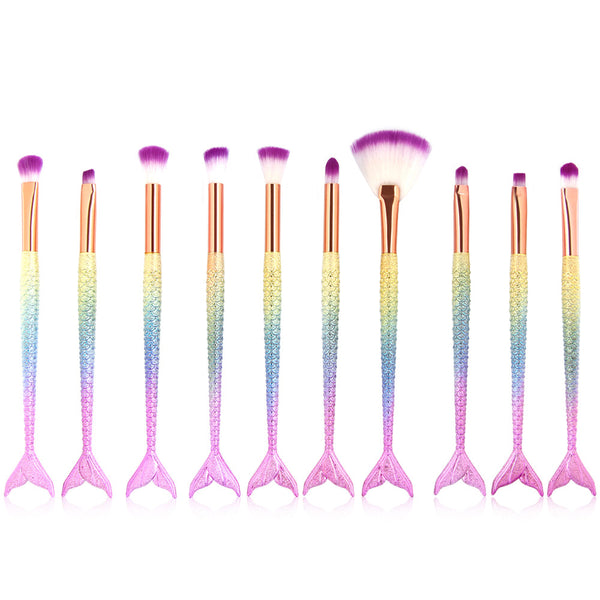 Set de 10 Brochas de Maquillaje Sirena con Escamas Iridiscentes para Ojos