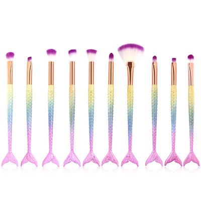 Set de 10 Brochas de Maquillaje Sirena con Escamas Iridiscentes para Ojos