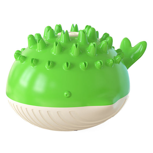 Yellow and white pufferfish-shaped dog toy with spikes, designed for floating and water spray during summer bathing. - Image 11