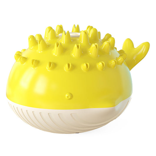 Yellow and white pufferfish-shaped dog toy with spikes, designed for floating and water spray during summer bathing. - Image 14