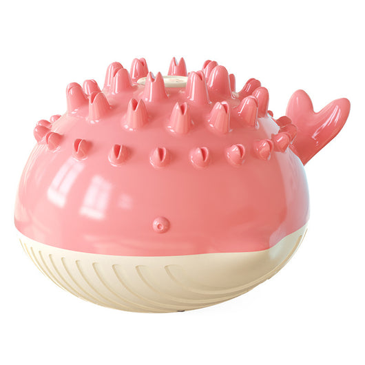 Yellow and white pufferfish-shaped dog toy with spikes, designed for floating and water spray during summer bathing. - Image 13