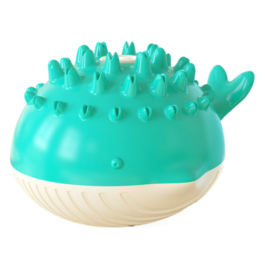 Yellow and white pufferfish-shaped dog toy with spikes, designed for floating and water spray during summer bathing. - Image 3