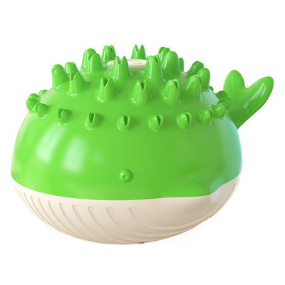 Yellow and white pufferfish-shaped dog toy with spikes, designed for floating and water spray during summer bathing. - Image 5
