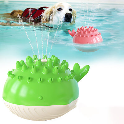 Yellow and white pufferfish-shaped dog toy with spikes, designed for floating and water spray during summer bathing.