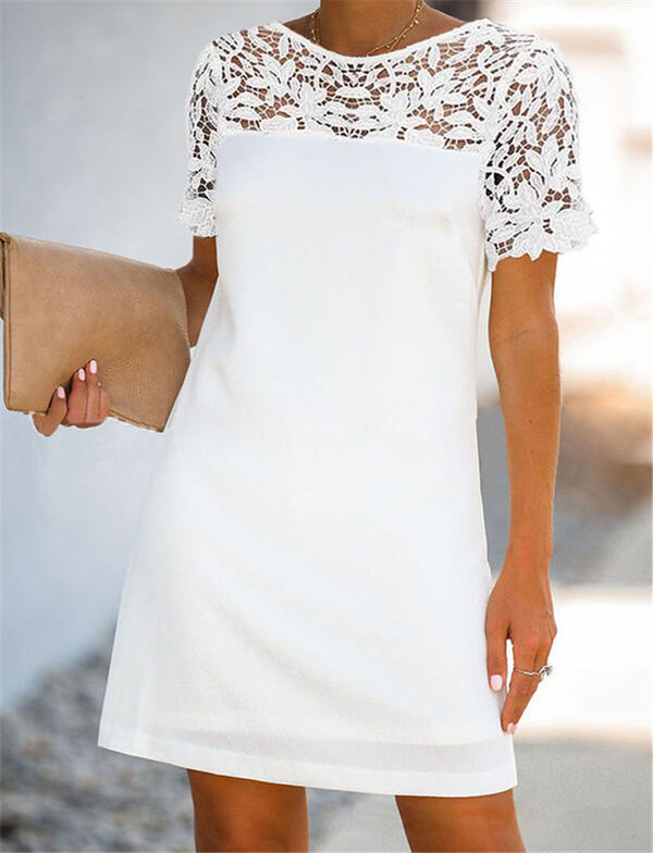 Vestido Recto de Verano con Encaje Calado y Cuello Redondo
