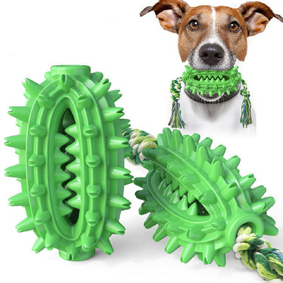 Two yellow spiky TPR dog chew toys with green and white braided rope, designed for dental cleaning. - Image 3