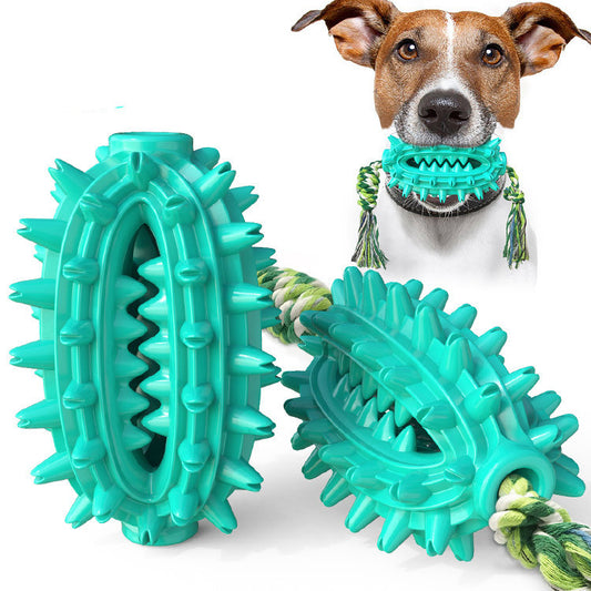 Two yellow spiky TPR dog chew toys with green and white braided rope, designed for dental cleaning.