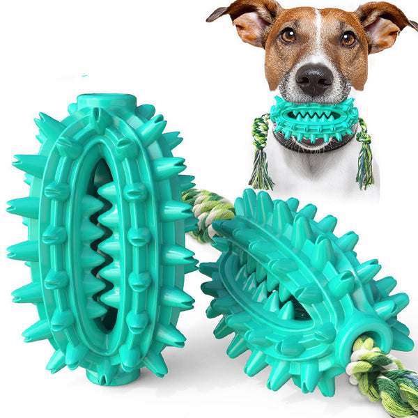 Two yellow spiky TPR dog chew toys with green and white braided rope, designed for dental cleaning.