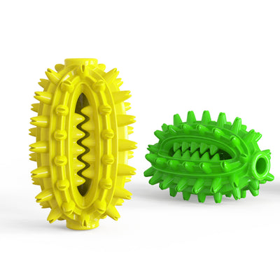Two yellow spiky TPR dog chew toys with green and white braided rope, designed for dental cleaning. - Image 4