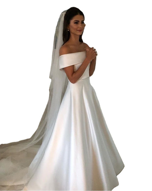 Vestido de Novia Satén Línea A Hombros Descubiertos con Cola Barrida - Image 13