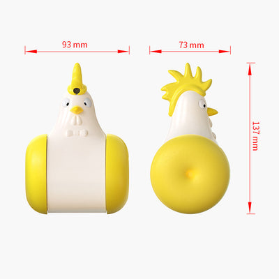 White and yellow chicken-shaped tumbler cat toy with a laser pointer, being played with by two orange tabby cats. - Image 8