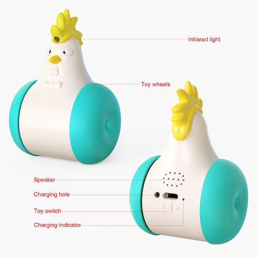 White and yellow chicken-shaped tumbler cat toy with a laser pointer, being played with by two orange tabby cats. - Image 9
