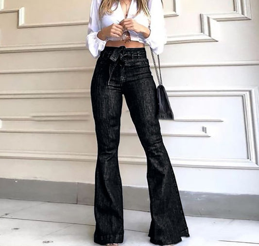 Pantalones Acampanados de Cintura Alta con Encaje y Cordones para Mujer
