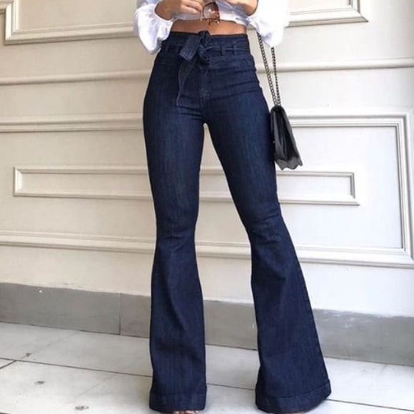 Pantalones Acampanados de Cintura Alta con Encaje y Cordones para Mujer