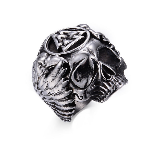 Anillo Viking Odín con Cuervos Acero Inoxidable - Valknut y Calavera Nórdica