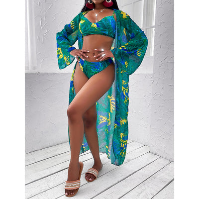 Women's three-piece tropical print bikini and kimono cover-up set in orange, green, and pink. - Image 7