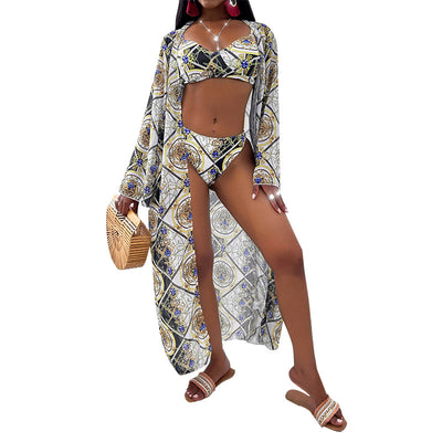 Women's three-piece tropical print bikini and kimono cover-up set in orange, green, and pink. - Image 11