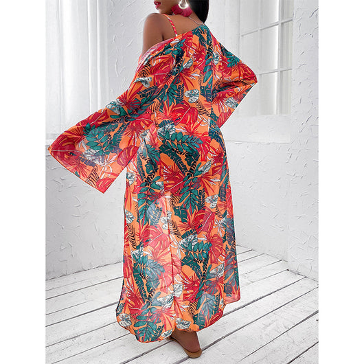 Women's three-piece tropical print bikini and kimono cover-up set in orange, green, and pink. - Image 10