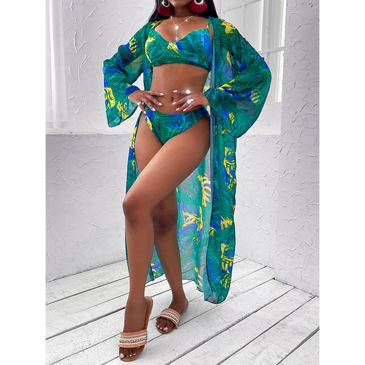 Women's three-piece tropical print bikini and kimono cover-up set in orange, green, and pink. - Image 5