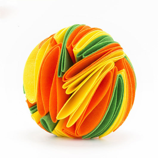 Rainbow colored felt sniffing ball for dogs and cats, featuring multiple folded strips to hide treats for mental stimulation. - Image 10