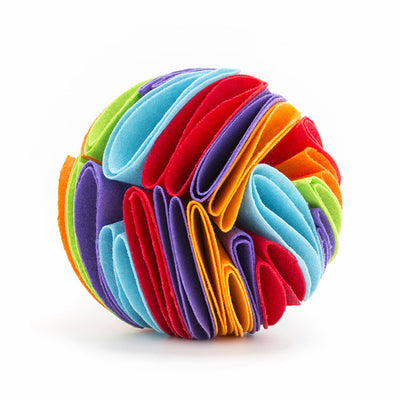 Rainbow colored felt sniffing ball for dogs and cats, featuring multiple folded strips to hide treats for mental stimulation. - Image 7