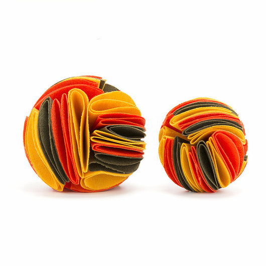 Rainbow colored felt sniffing ball for dogs and cats, featuring multiple folded strips to hide treats for mental stimulation. - Image 5