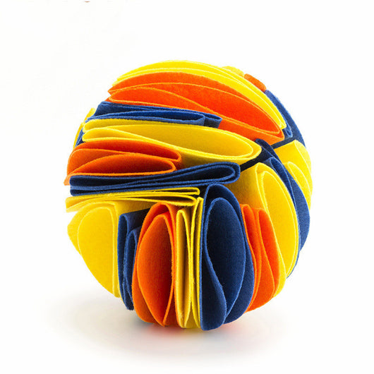 Rainbow colored felt sniffing ball for dogs and cats, featuring multiple folded strips to hide treats for mental stimulation. - Image 4