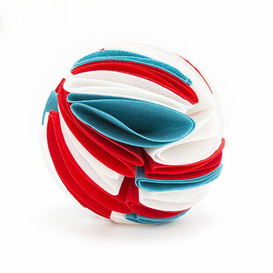 Rainbow colored felt sniffing ball for dogs and cats, featuring multiple folded strips to hide treats for mental stimulation.