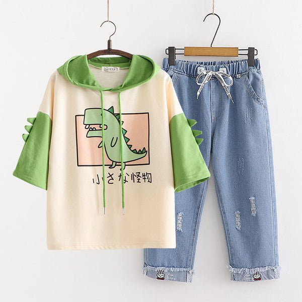 Conjunto Casual de Dos Piezas: Sudadera con Capucha y Pantalón Denim Cropped