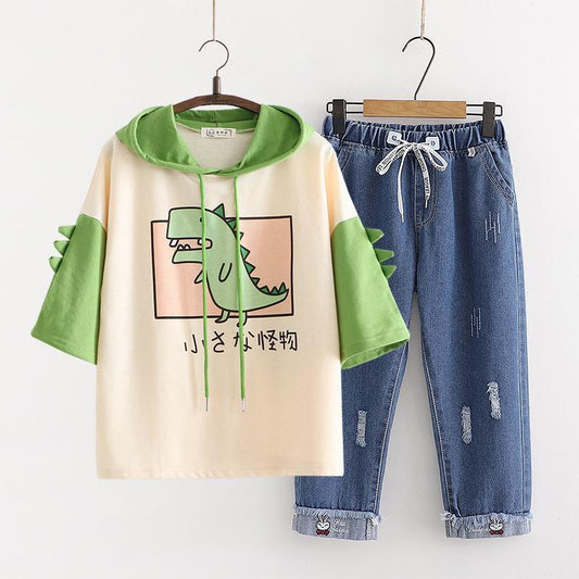 Conjunto Casual de Dos Piezas: Sudadera con Capucha y Pantalón Denim Cropped - Image 2