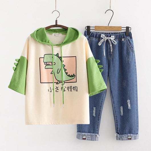 Conjunto Casual de Dos Piezas: Sudadera con Capucha y Pantalón Denim Cropped - Image 3