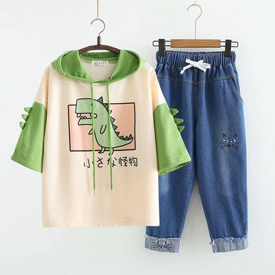 Conjunto Casual de Dos Piezas: Sudadera con Capucha y Pantalón Denim Cropped - Image 5