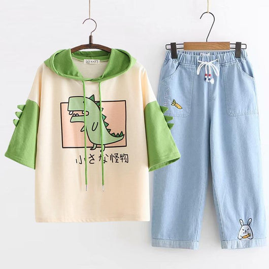 Conjunto Casual de Dos Piezas: Sudadera con Capucha y Pantalón Denim Cropped - Image 4
