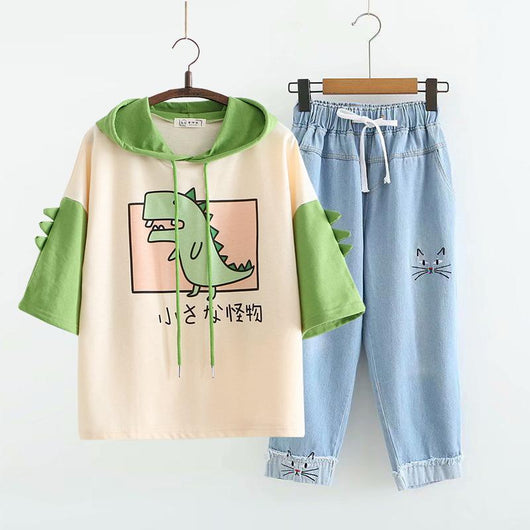 Conjunto Casual de Dos Piezas: Sudadera con Capucha y Pantalón Denim Cropped - Image 6