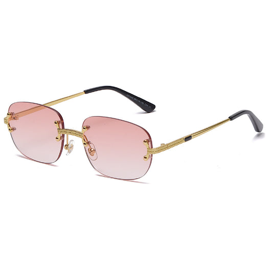 Rimless square sunglasses with gradient orange-red lenses and gold-tone metal temples, featuring textured details. - Image 10