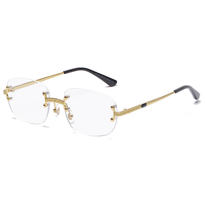 Rimless square sunglasses with gradient orange-red lenses and gold-tone metal temples, featuring textured details. - Image 17