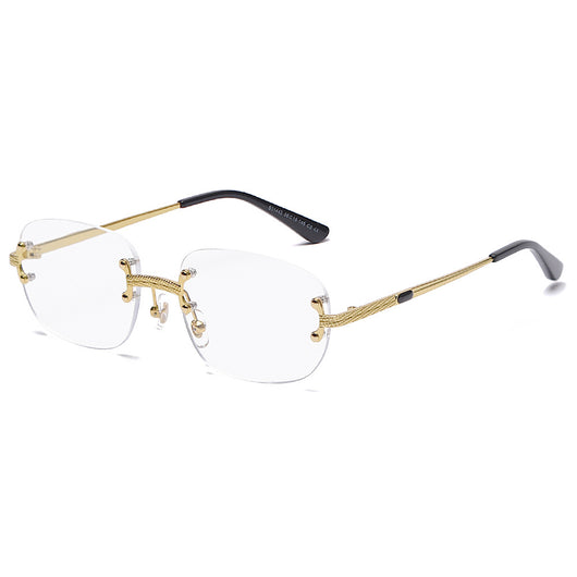 Rimless square sunglasses with gradient orange-red lenses and gold-tone metal temples, featuring textured details. - Image 17
