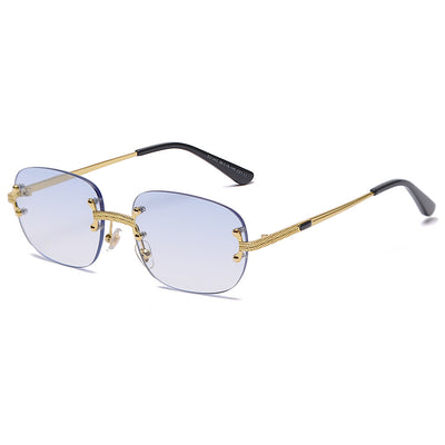 Rimless square sunglasses with gradient orange-red lenses and gold-tone metal temples, featuring textured details. - Image 14
