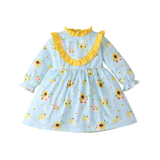 Vestido Largo Princesa Niña con Estampado de Girasoles y Manga Larga